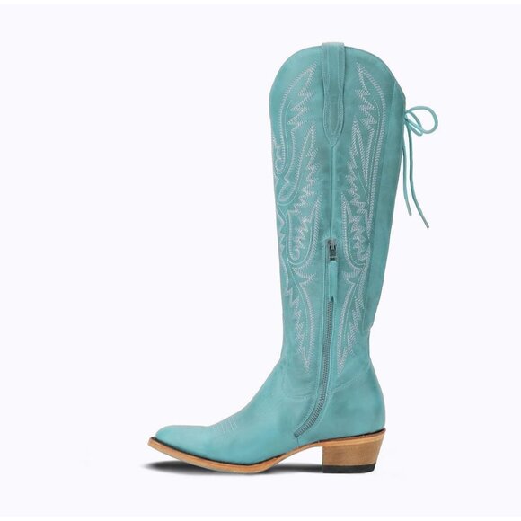 Women Turquoise Polyurethane Over the Knee Adjustable Thigh High Cowgirl Boot - Picture 2 of 5